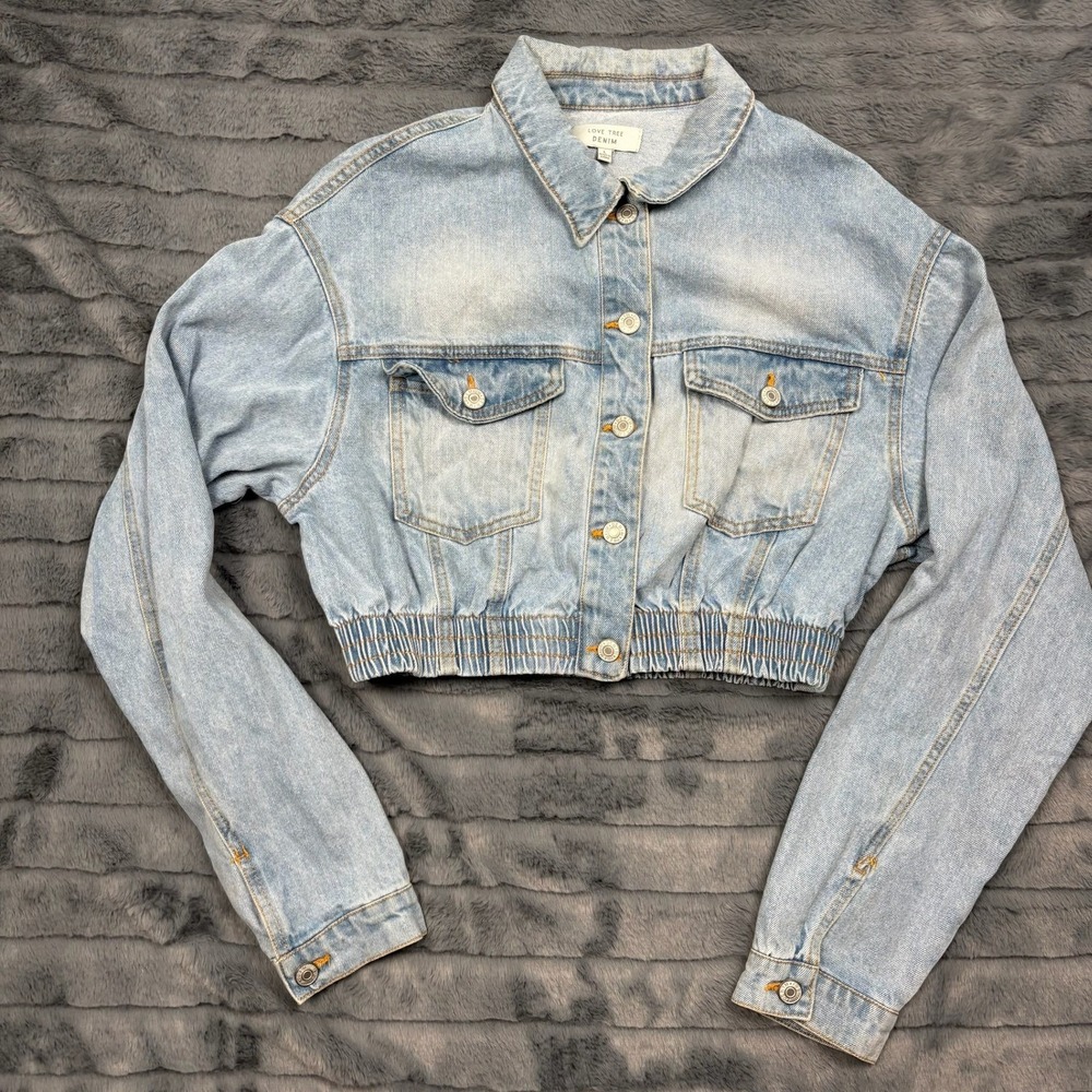 Love Tree Denim Light Wash Cropped Elastic Waist Jean Jacket Womens Large 9373